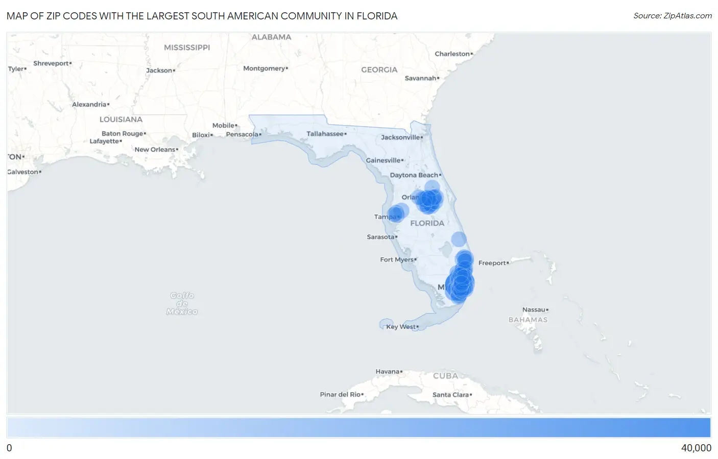 Zip Codes with the Largest South American Community in Florida Map