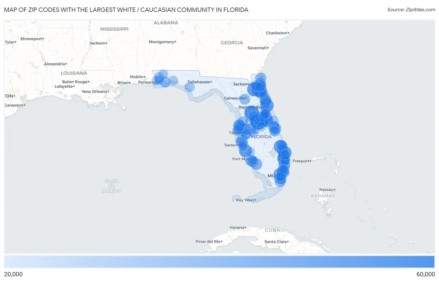 Zip Codes with the Largest White / Caucasian Community in Florida Map