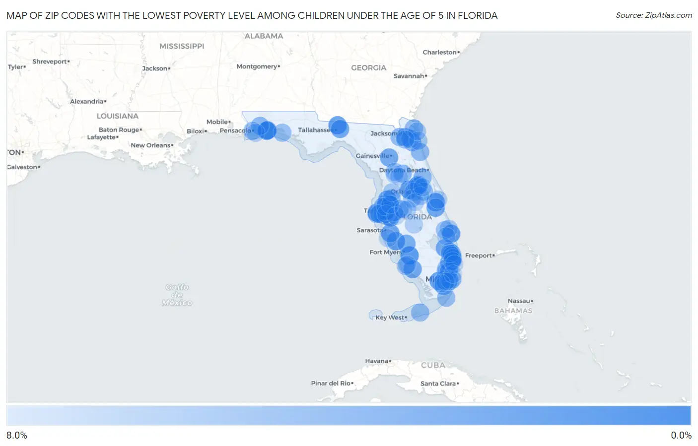 Zip Codes with the Lowest Poverty Level Among Children Under the Age of 5 in Florida Map