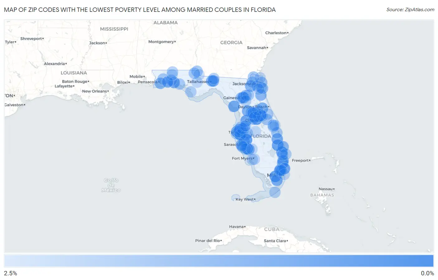 Zip Codes with the Lowest Poverty Level Among Married Couples in Florida Map