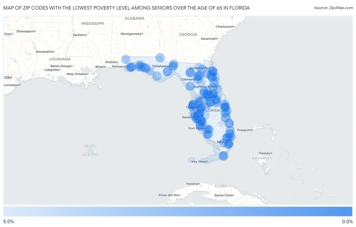 Zip Codes with the Lowest Poverty Level Among Seniors Over the Age of 65 in Florida Map