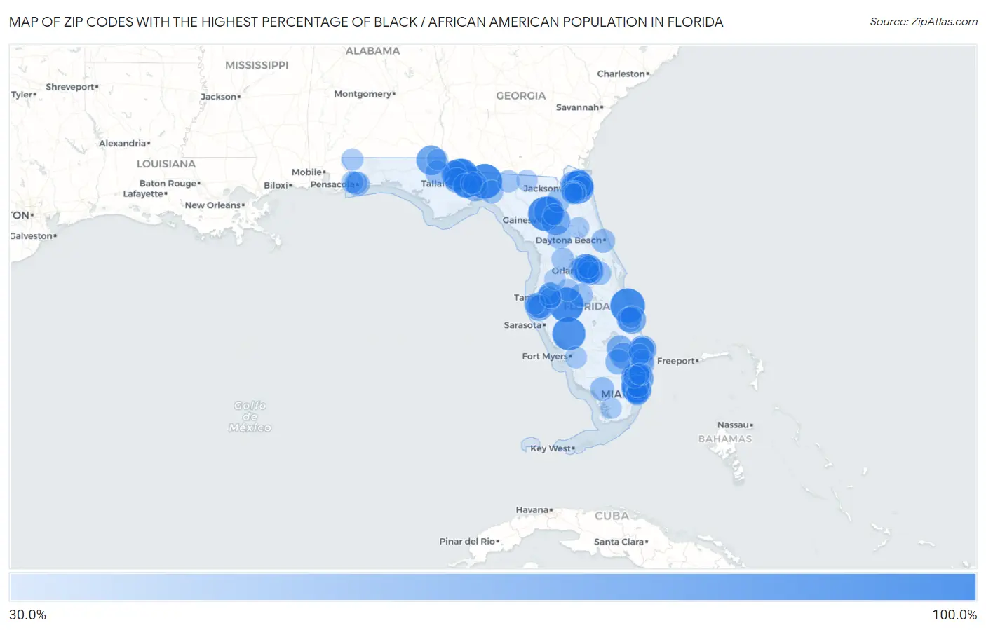 Zip Codes with the Highest Percentage of Black / African American Population in Florida Map