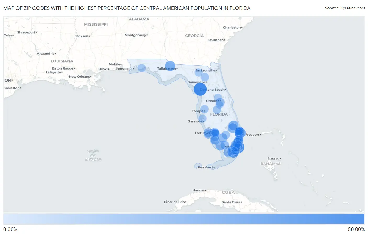 Zip Codes with the Highest Percentage of Central American Population in Florida Map