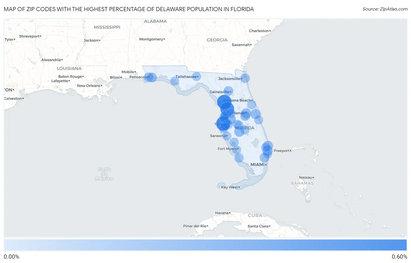 Zip Codes with the Highest Percentage of Delaware Population in Florida Map