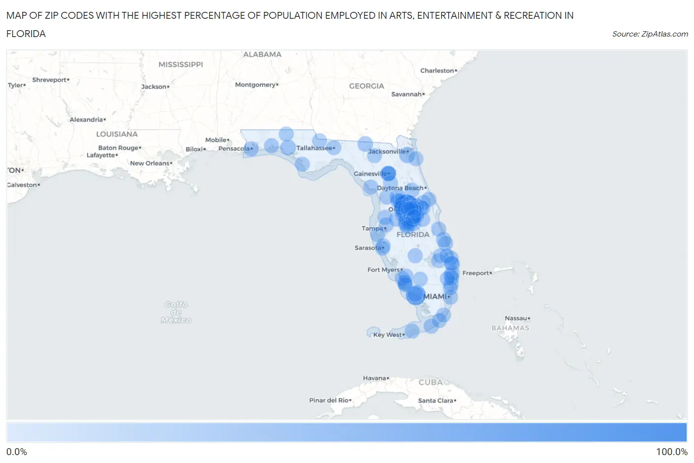 Zip Codes with the Highest Percentage of Population Employed in Arts, Entertainment & Recreation in Florida Map