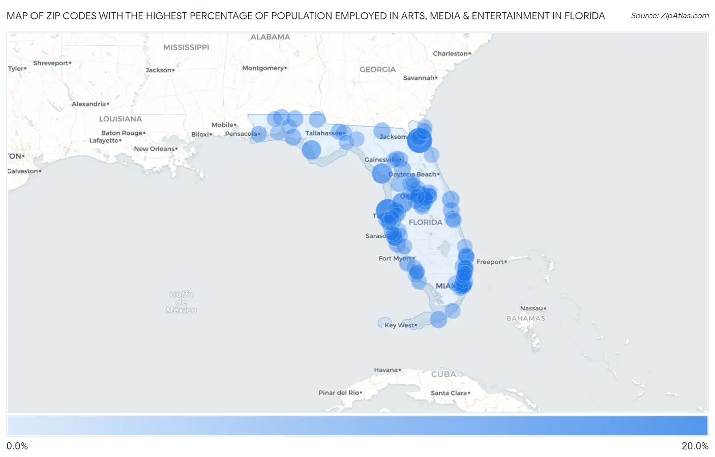 Zip Codes with the Highest Percentage of Population Employed in Arts, Media & Entertainment in Florida Map