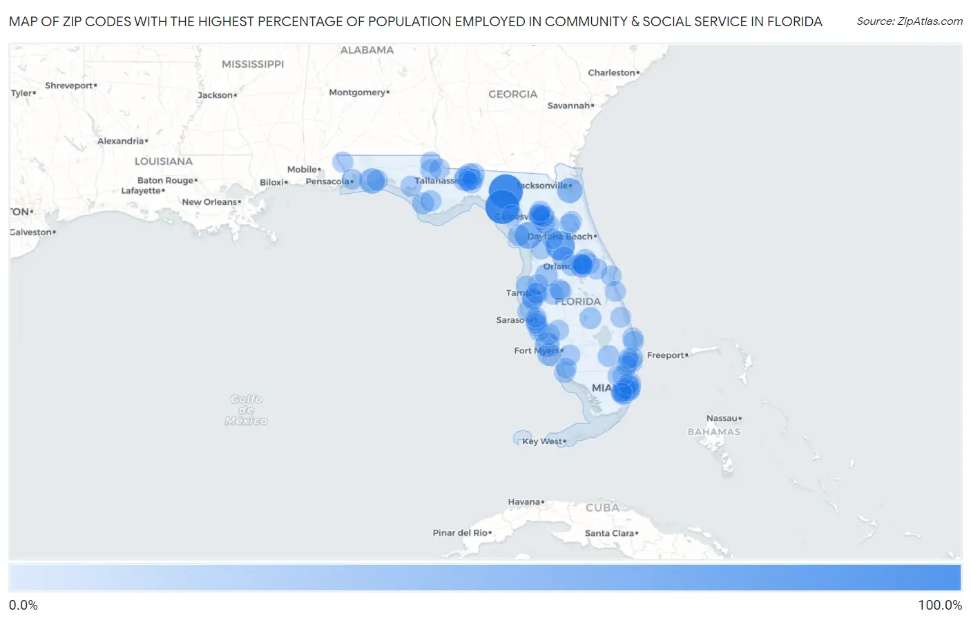 Zip Codes with the Highest Percentage of Population Employed in Community & Social Service  in Florida Map