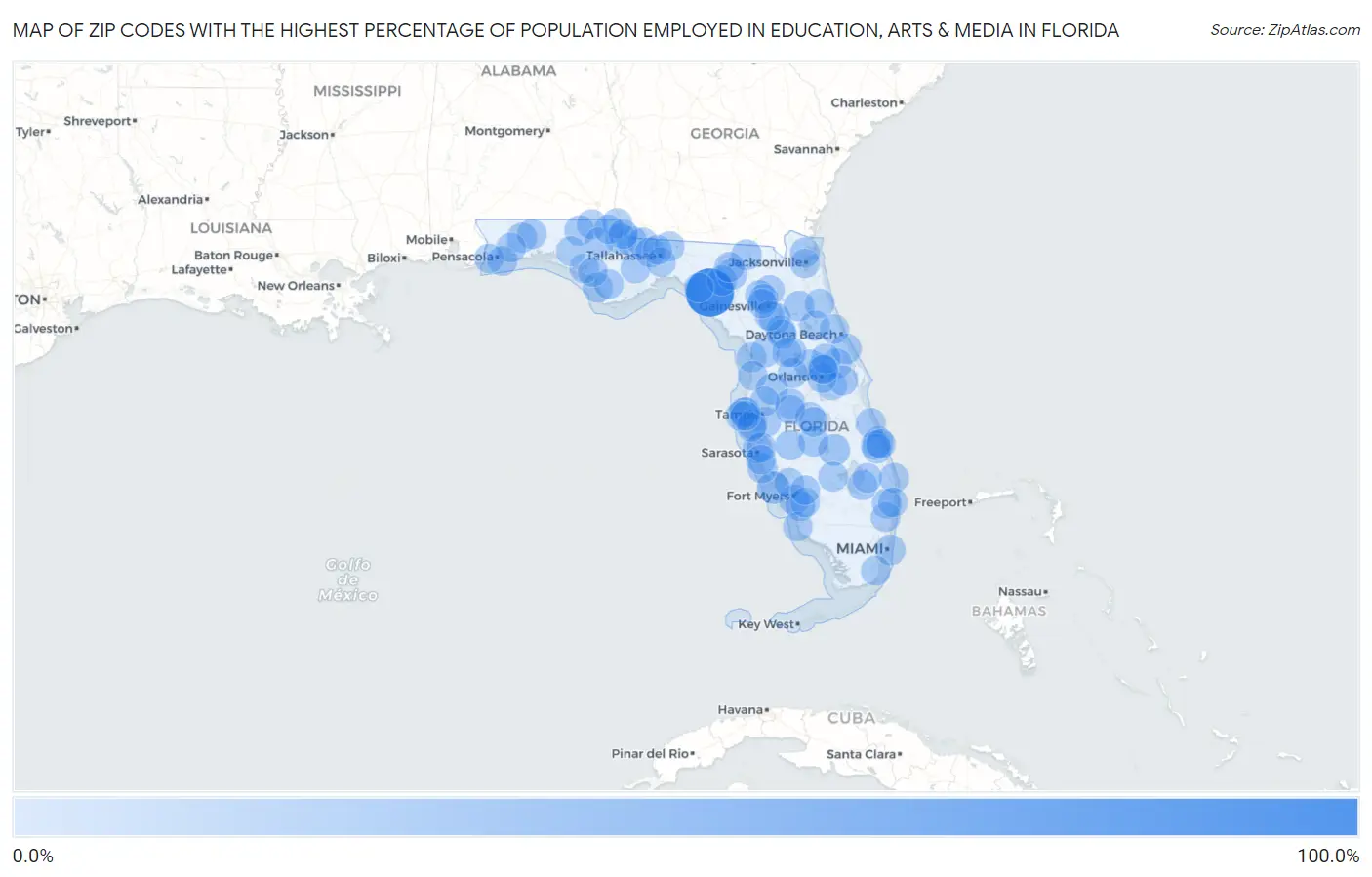 Zip Codes with the Highest Percentage of Population Employed in Education, Arts & Media in Florida Map