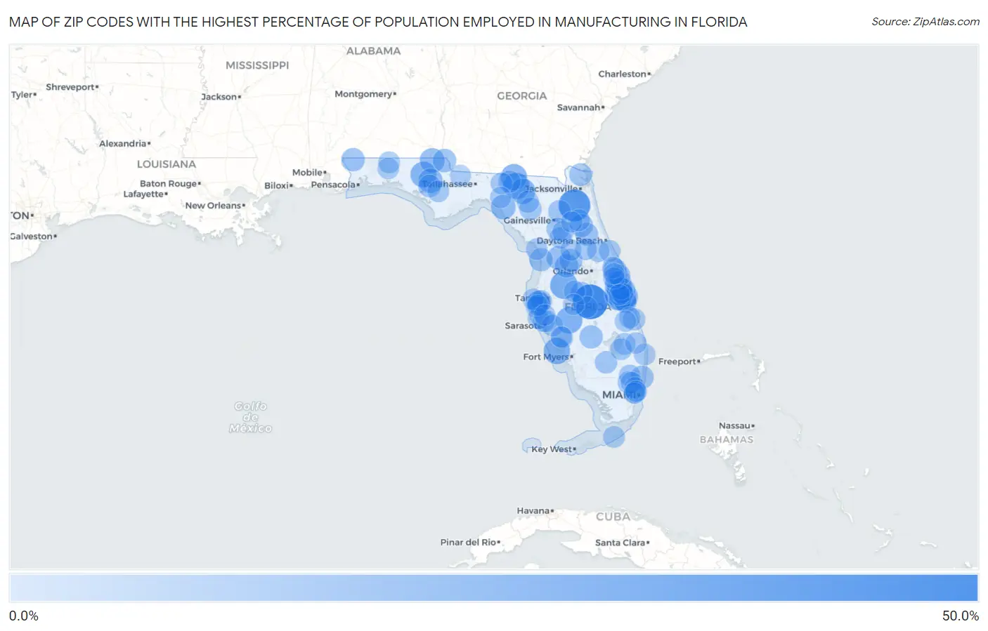 Zip Codes with the Highest Percentage of Population Employed in Manufacturing in Florida Map