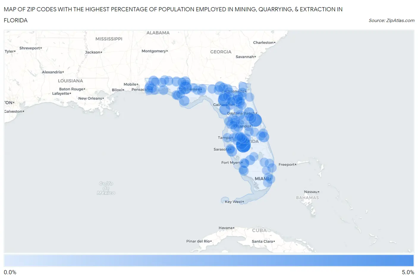 Zip Codes with the Highest Percentage of Population Employed in Mining, Quarrying, & Extraction in Florida Map