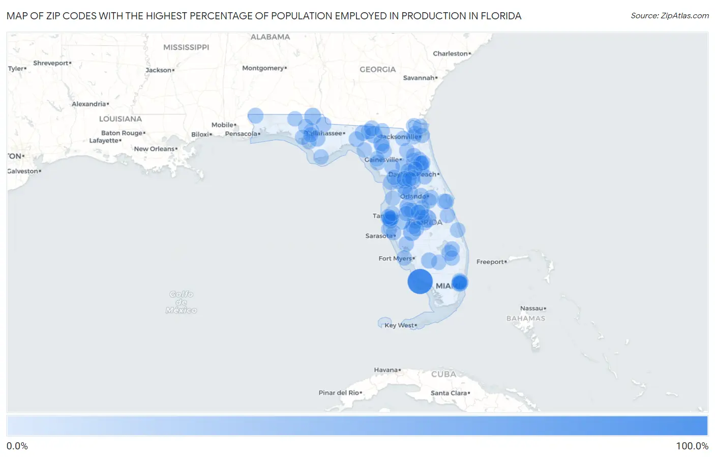Zip Codes with the Highest Percentage of Population Employed in Production in Florida Map