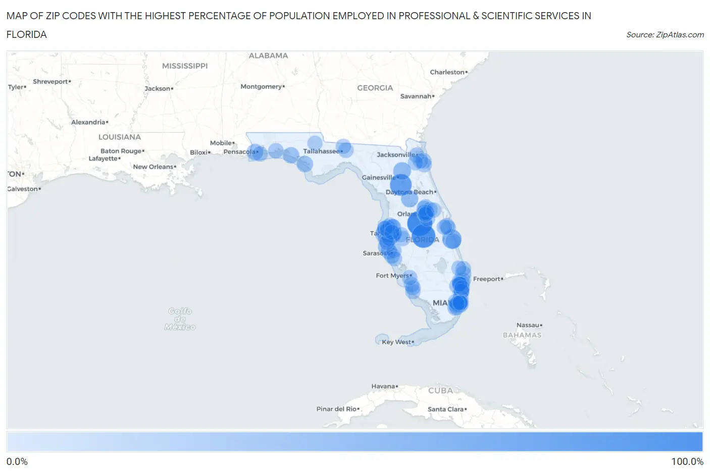 Zip Codes with the Highest Percentage of Population Employed in Professional & Scientific Services in Florida Map
