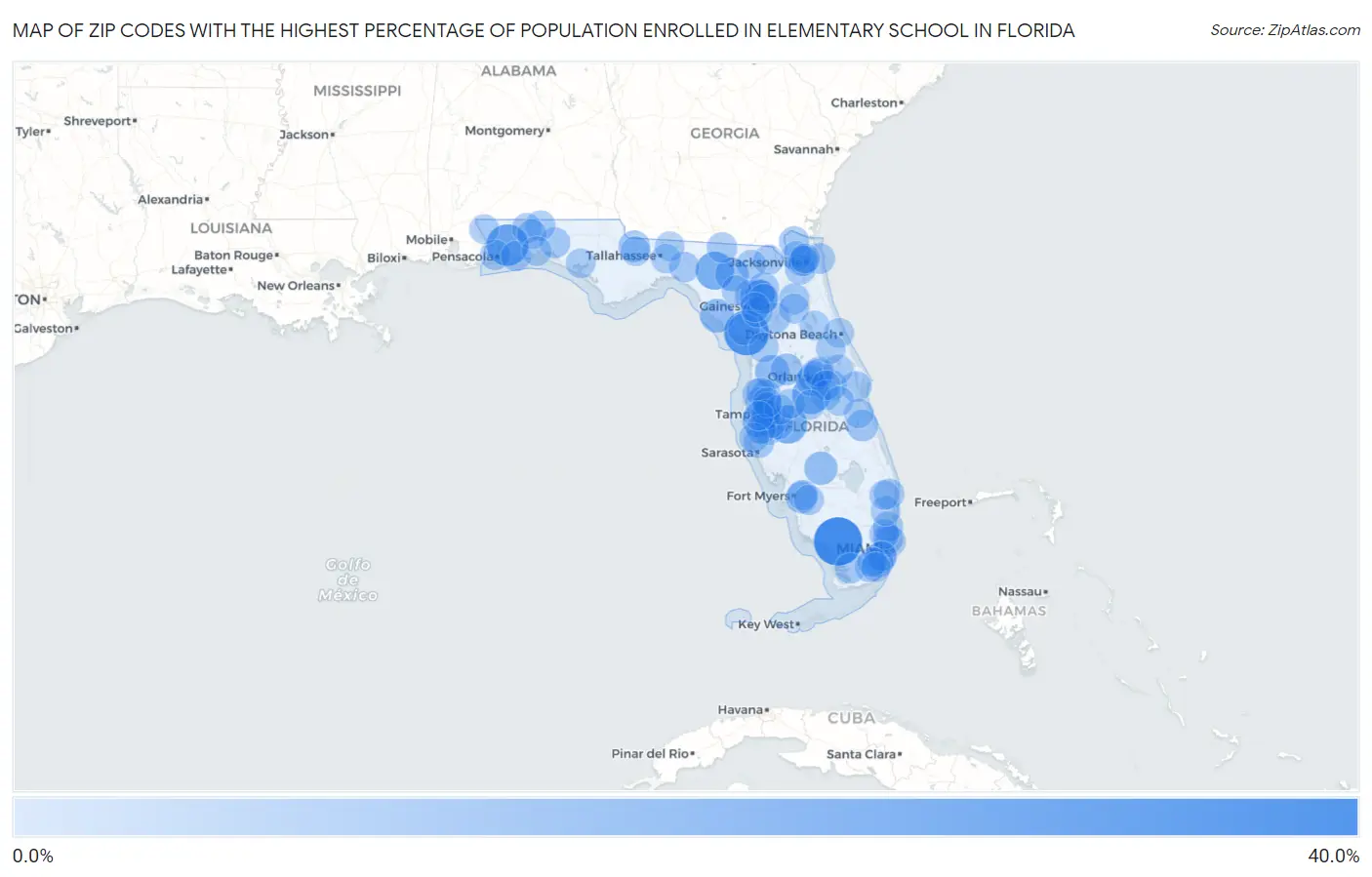 Zip Codes with the Highest Percentage of Population Enrolled in Elementary School in Florida Map