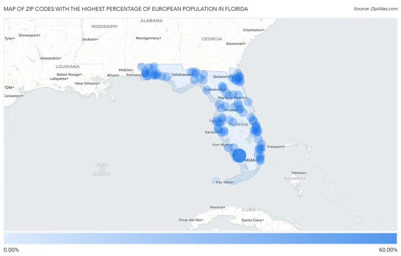 Zip Codes with the Highest Percentage of European Population in Florida Map