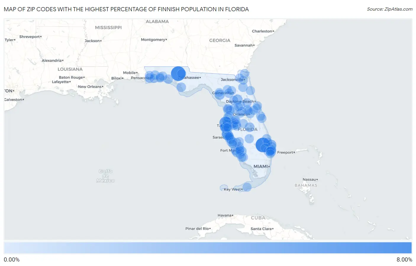 Zip Codes with the Highest Percentage of Finnish Population in Florida Map