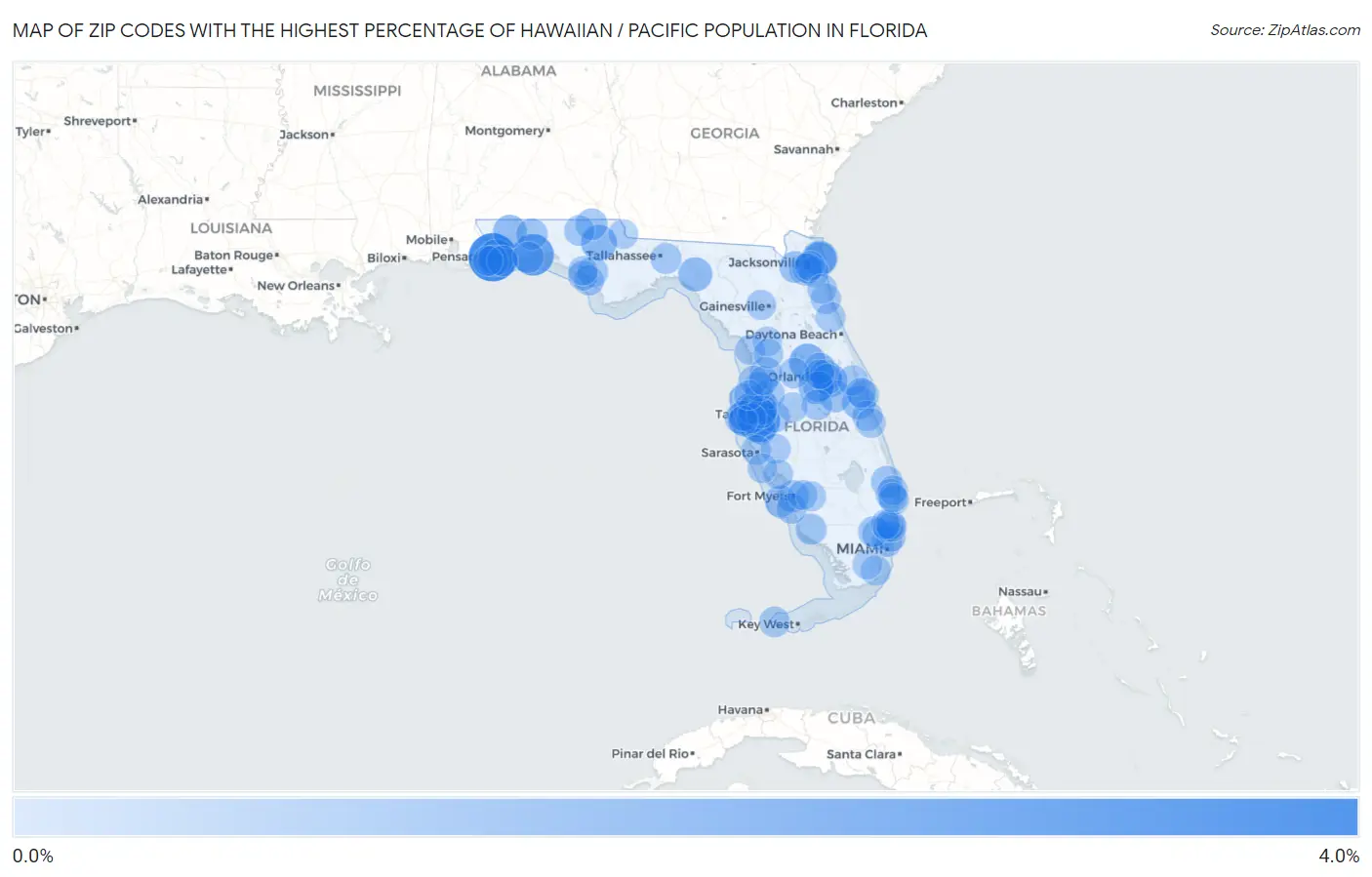 Zip Codes with the Highest Percentage of Hawaiian / Pacific Population in Florida Map