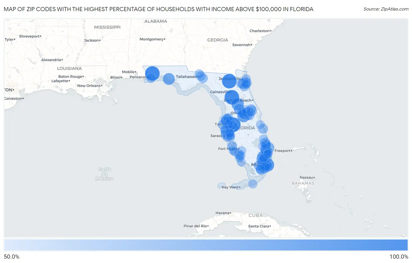 Zip Codes with the Highest Percentage of Households with Income Above $100,000 in Florida Map