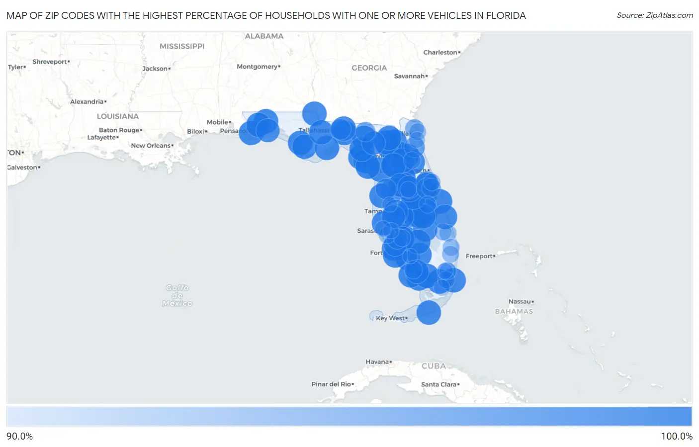 Zip Codes with the Highest Percentage of Households With One or more Vehicles in Florida Map