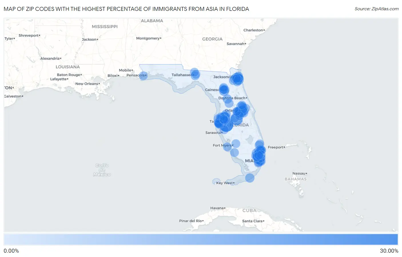 Zip Codes with the Highest Percentage of Immigrants from Asia in Florida Map