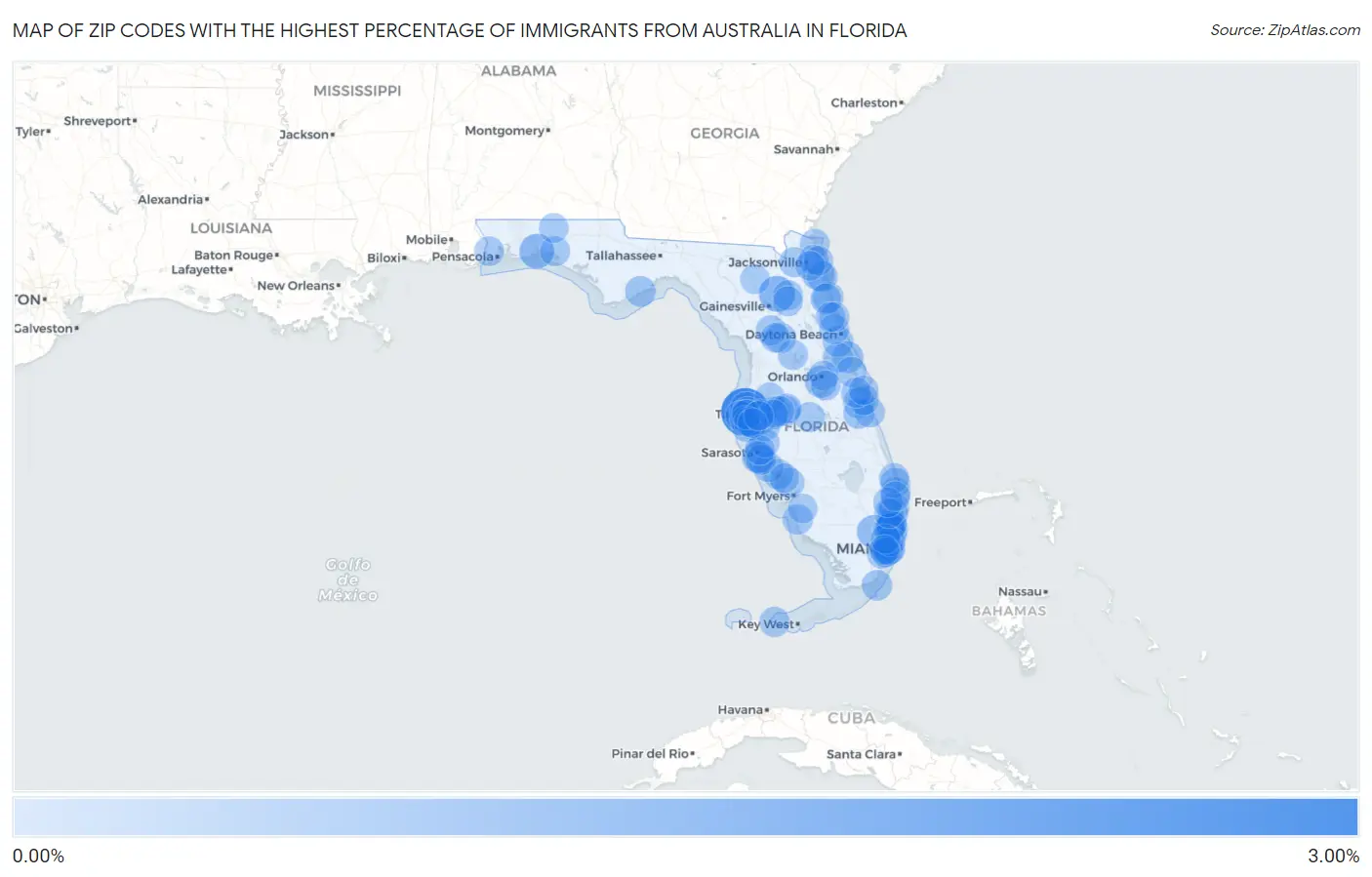 Zip Codes with the Highest Percentage of Immigrants from Australia in Florida Map