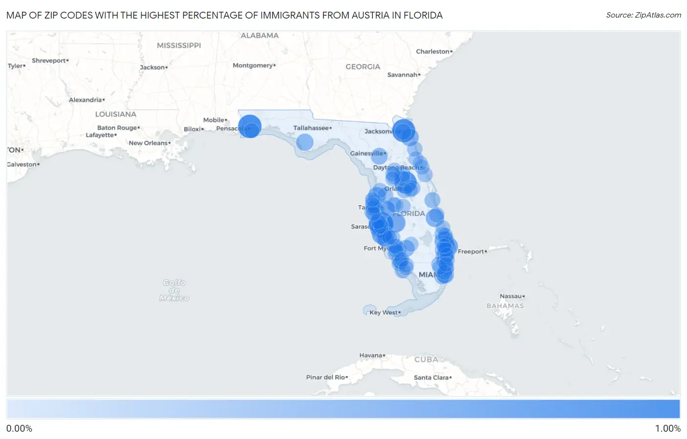 Zip Codes with the Highest Percentage of Immigrants from Austria in Florida Map