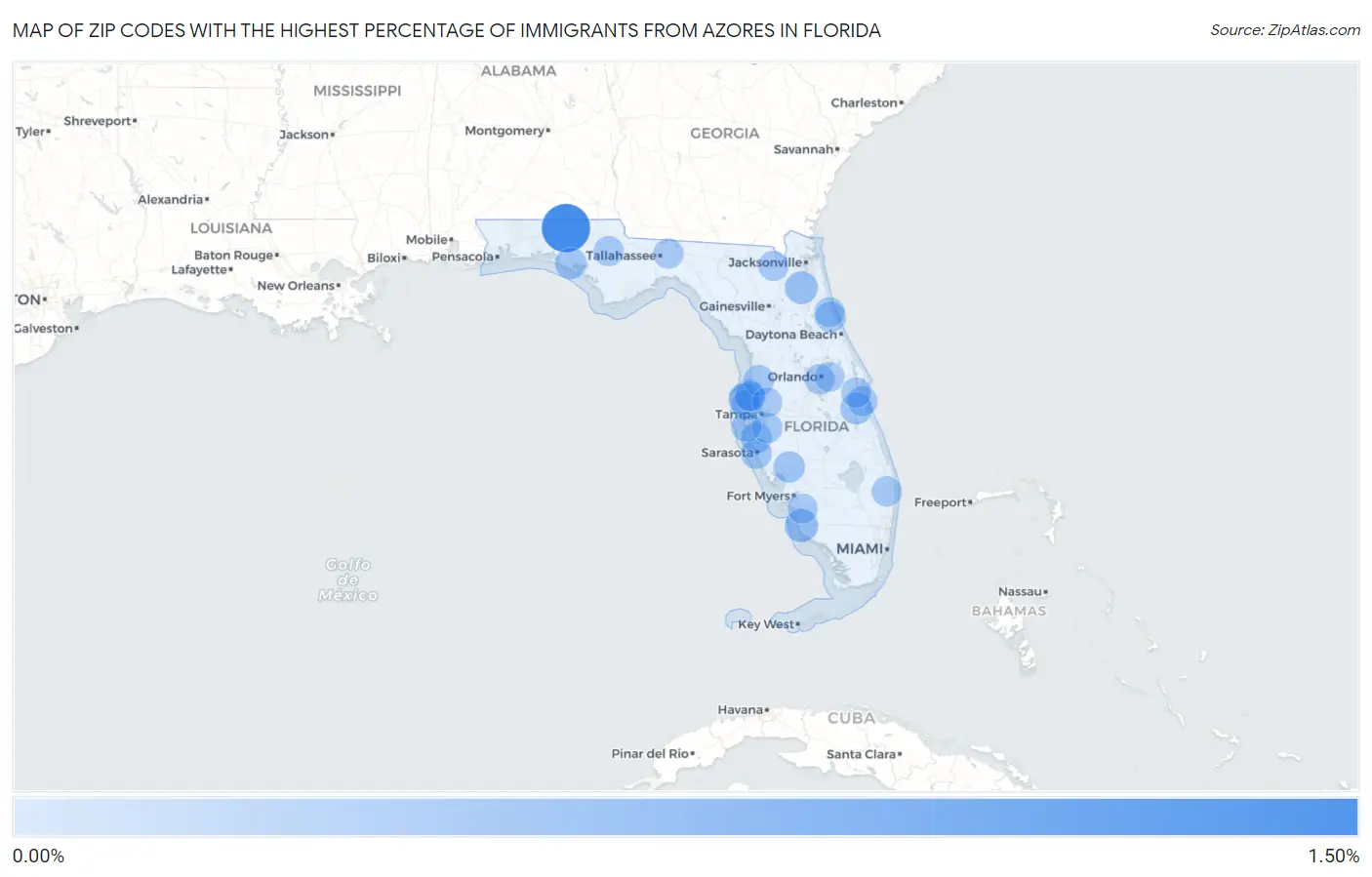 Zip Codes with the Highest Percentage of Immigrants from Azores in Florida Map