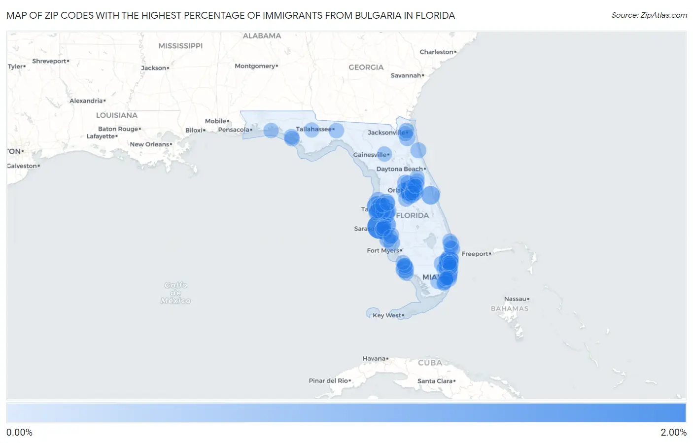 Zip Codes with the Highest Percentage of Immigrants from Bulgaria in Florida Map