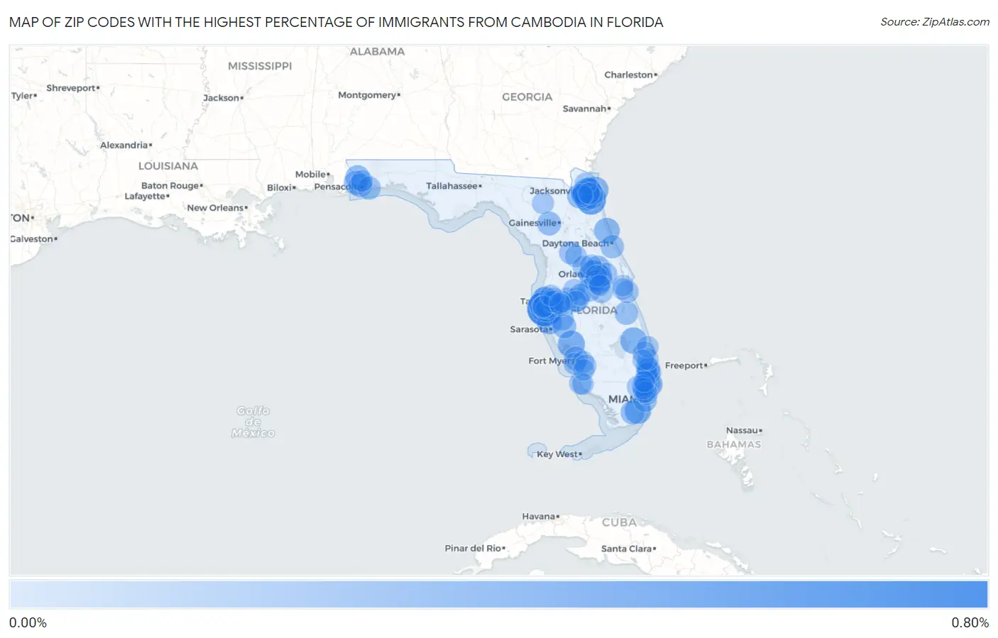 Zip Codes with the Highest Percentage of Immigrants from Cambodia in Florida Map