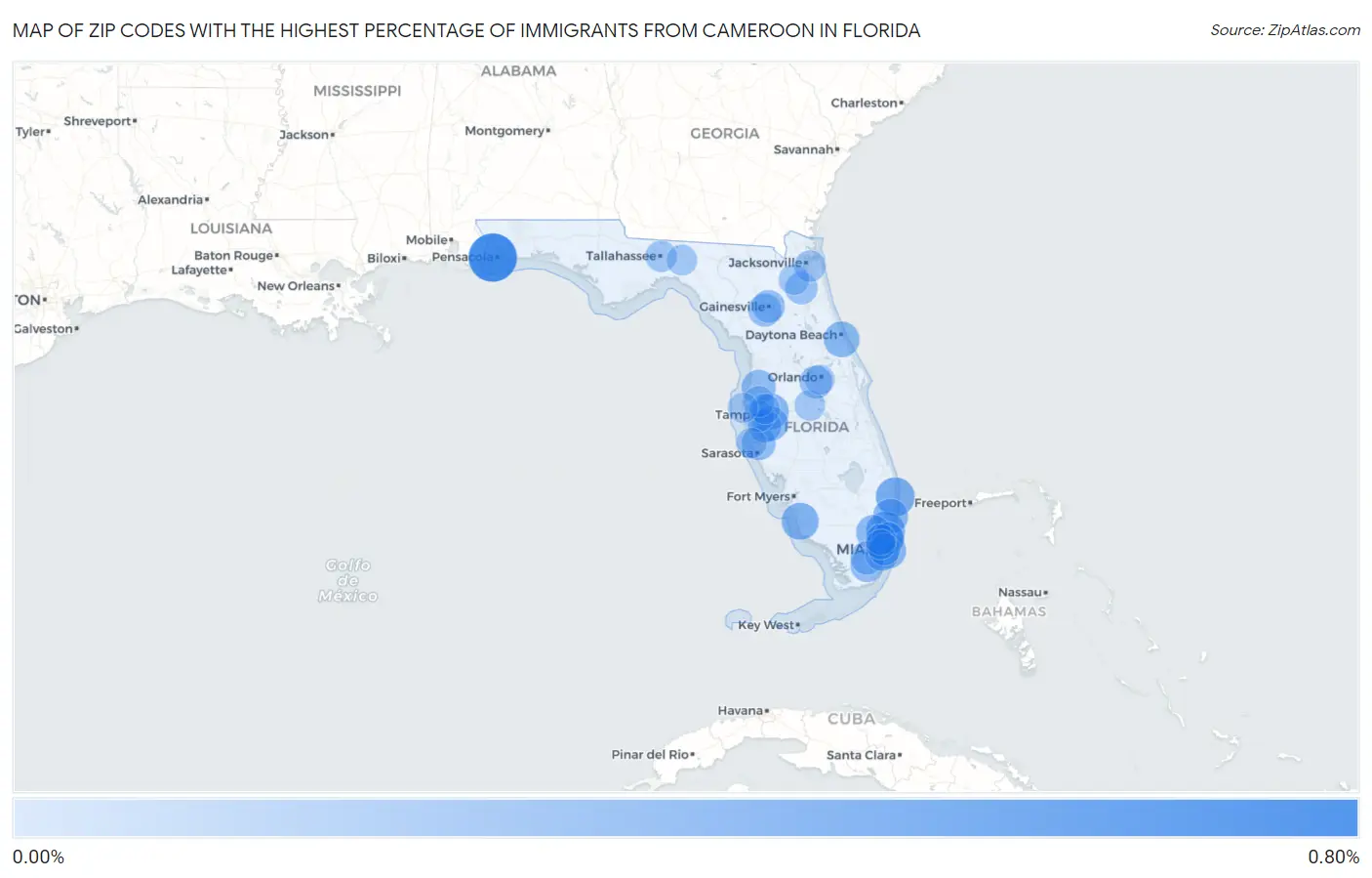Zip Codes with the Highest Percentage of Immigrants from Cameroon in Florida Map