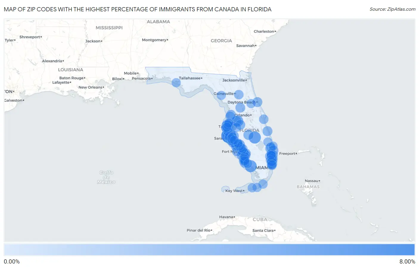 Zip Codes with the Highest Percentage of Immigrants from Canada in Florida Map