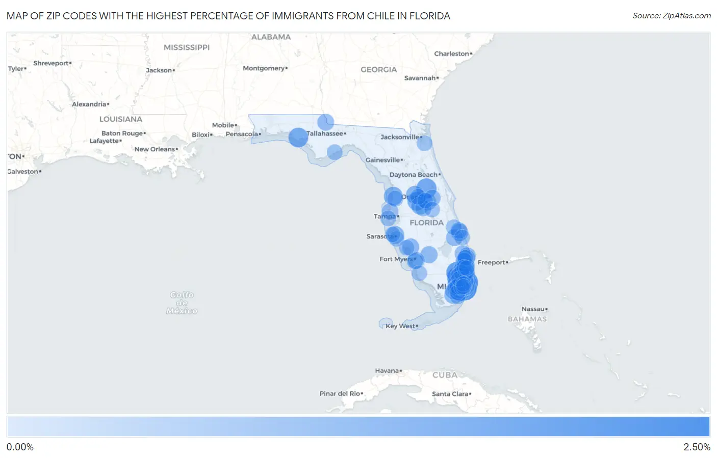Zip Codes with the Highest Percentage of Immigrants from Chile in Florida Map