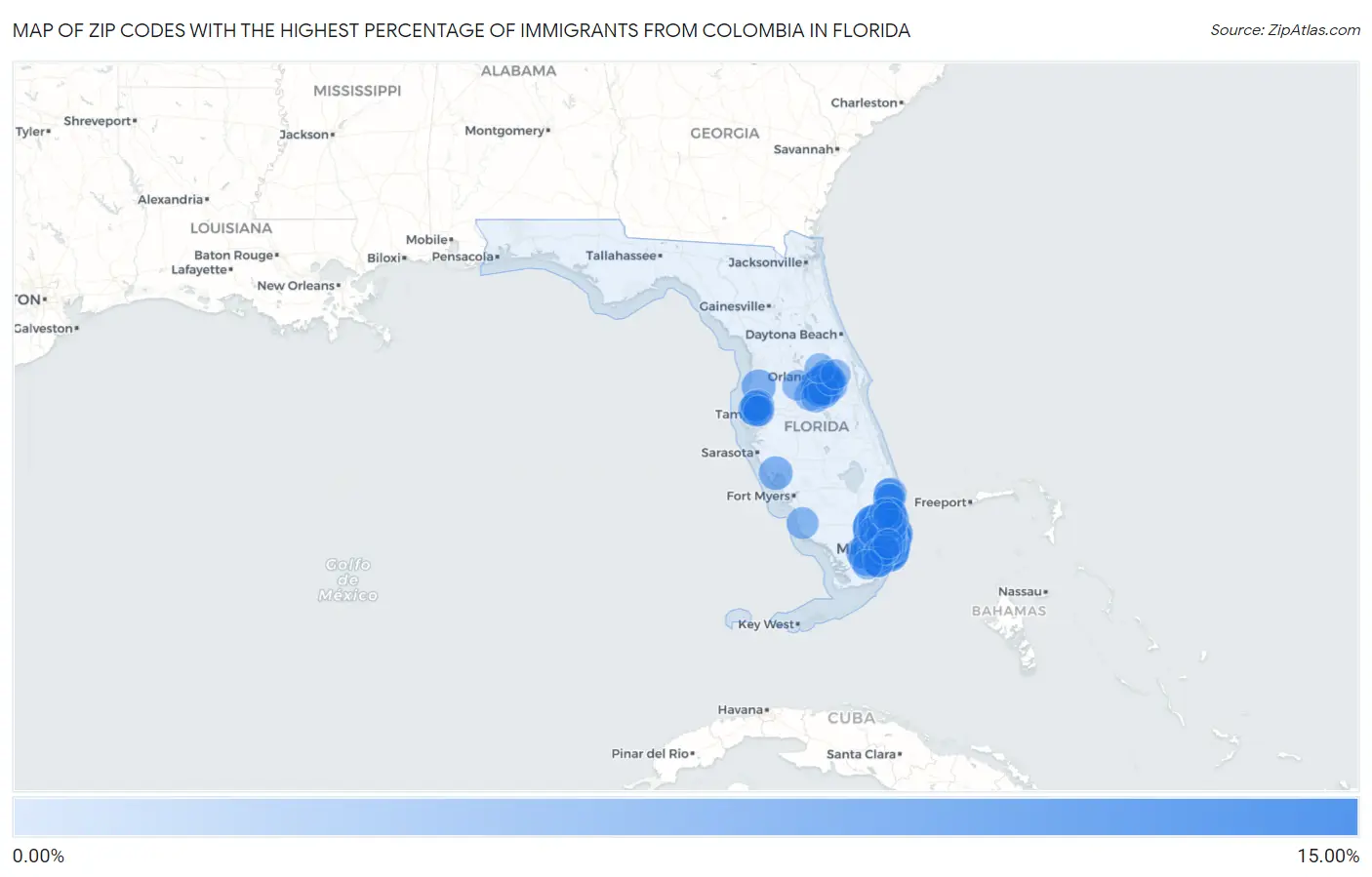 Zip Codes with the Highest Percentage of Immigrants from Colombia in Florida Map