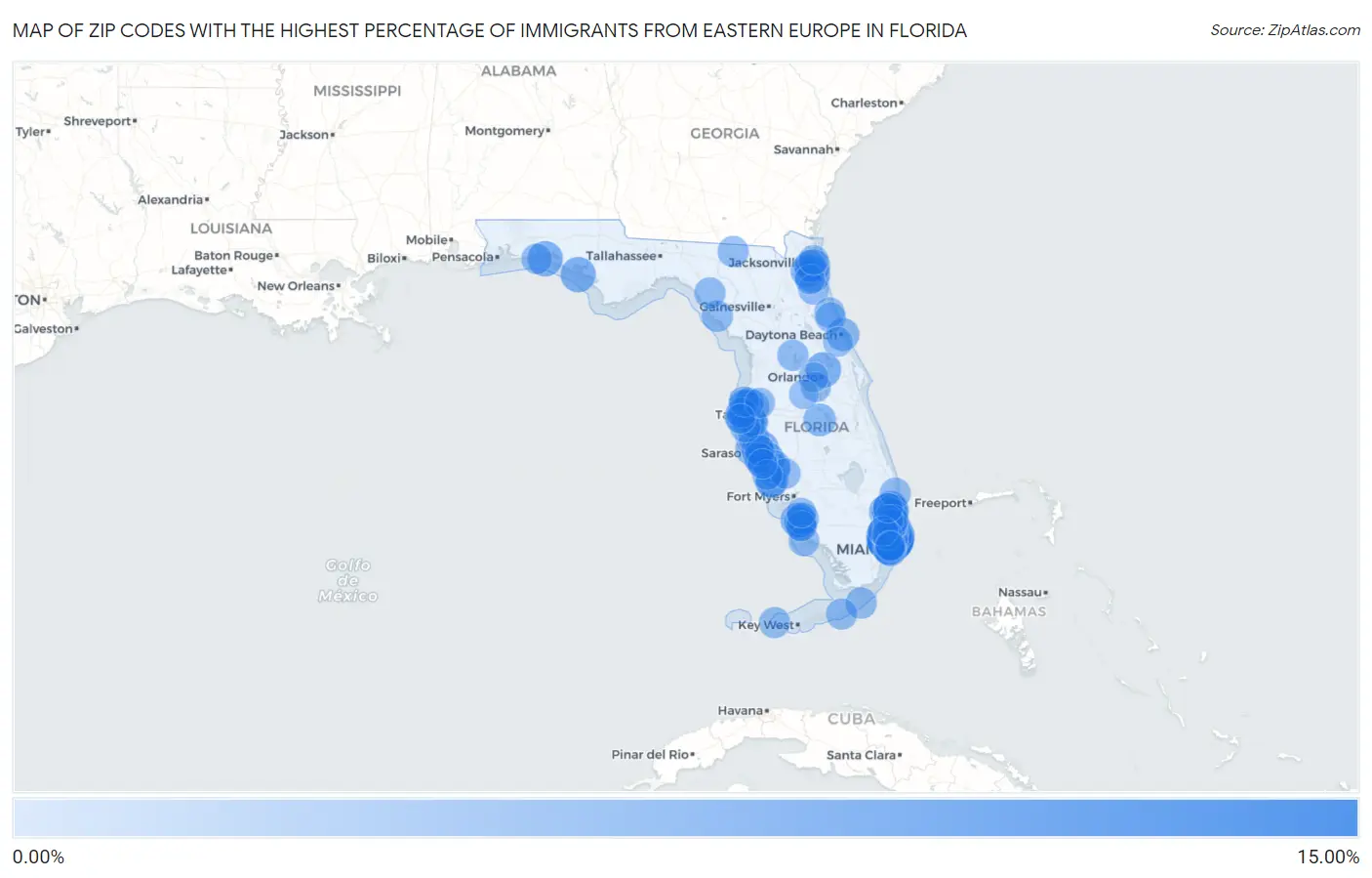 Zip Codes with the Highest Percentage of Immigrants from Eastern Europe in Florida Map