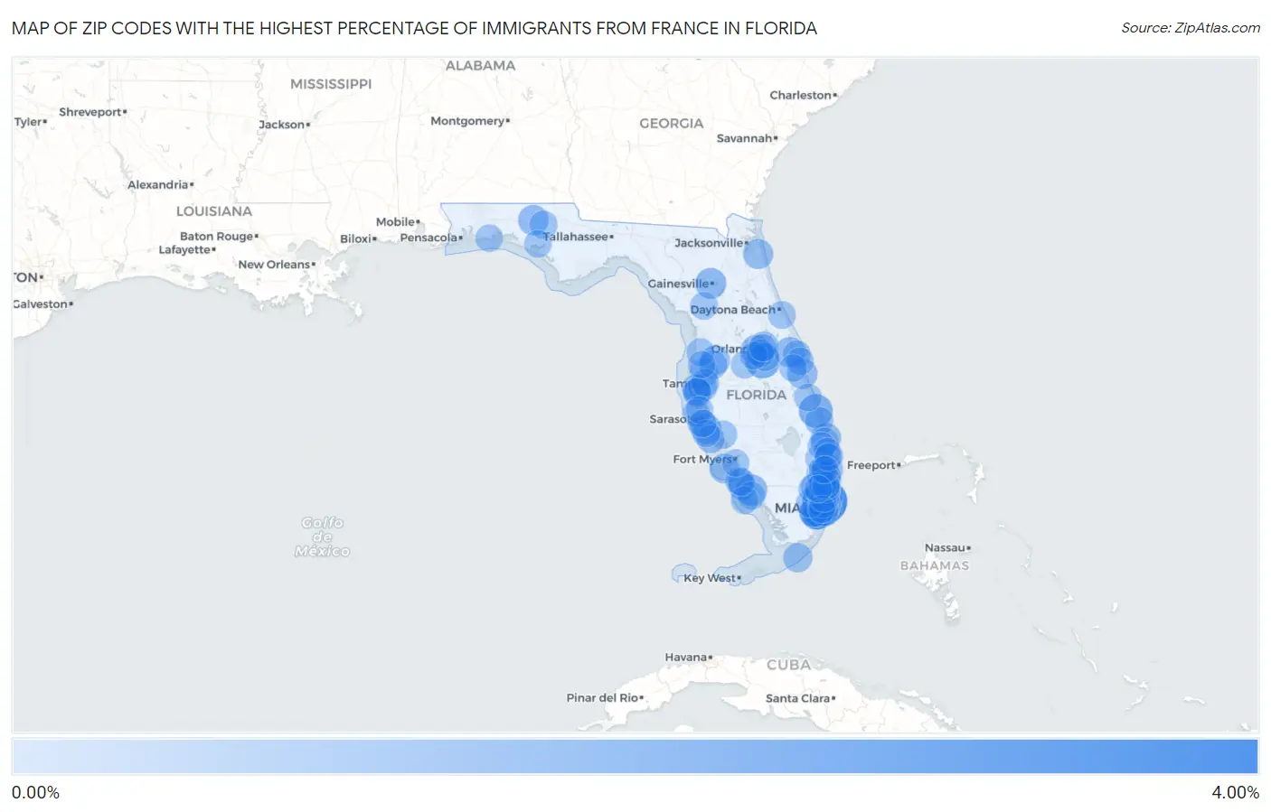 Zip Codes with the Highest Percentage of Immigrants from France in Florida Map