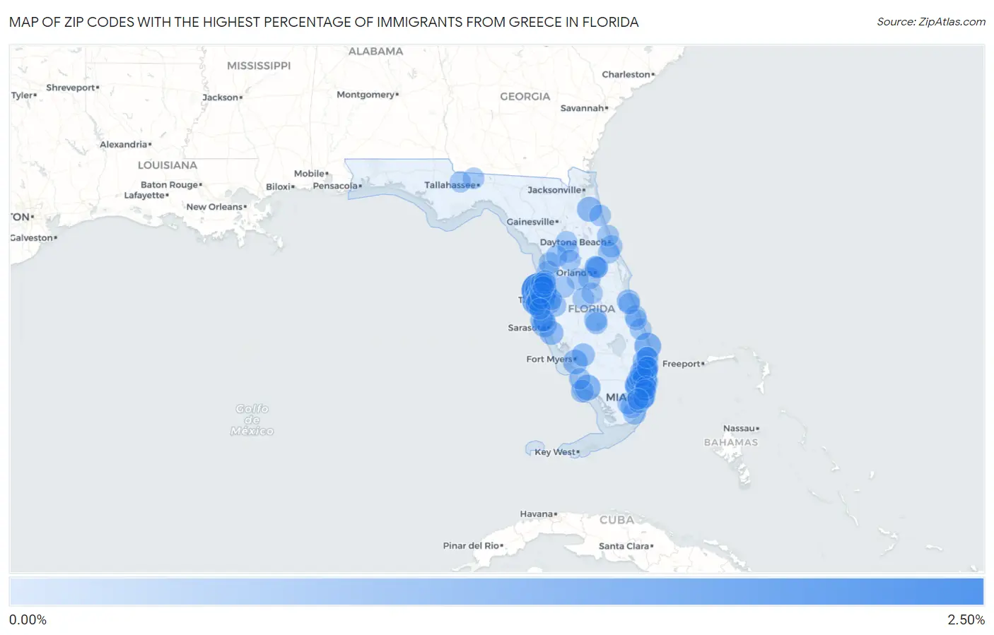 Zip Codes with the Highest Percentage of Immigrants from Greece in Florida Map