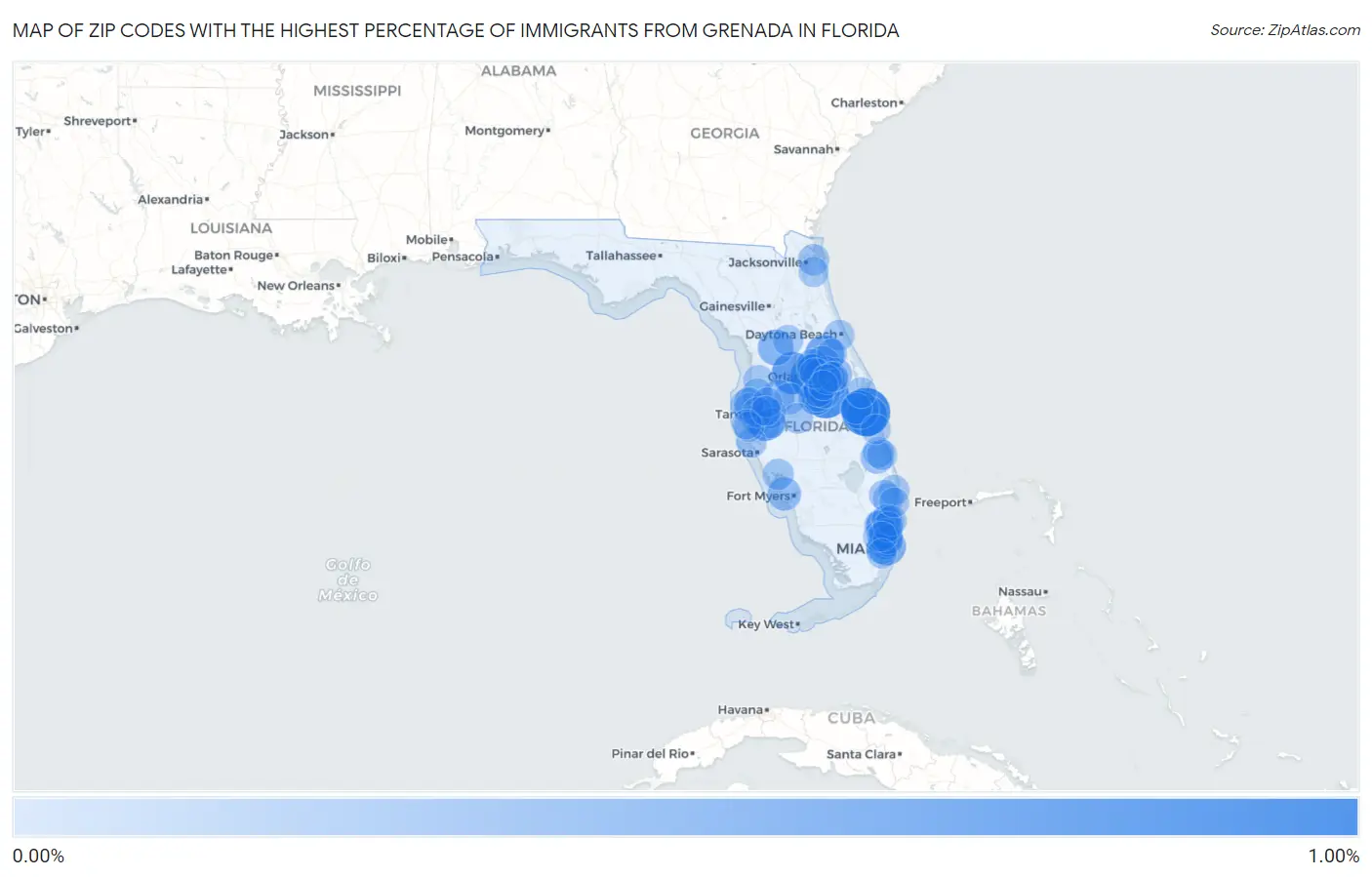 Zip Codes with the Highest Percentage of Immigrants from Grenada in Florida Map