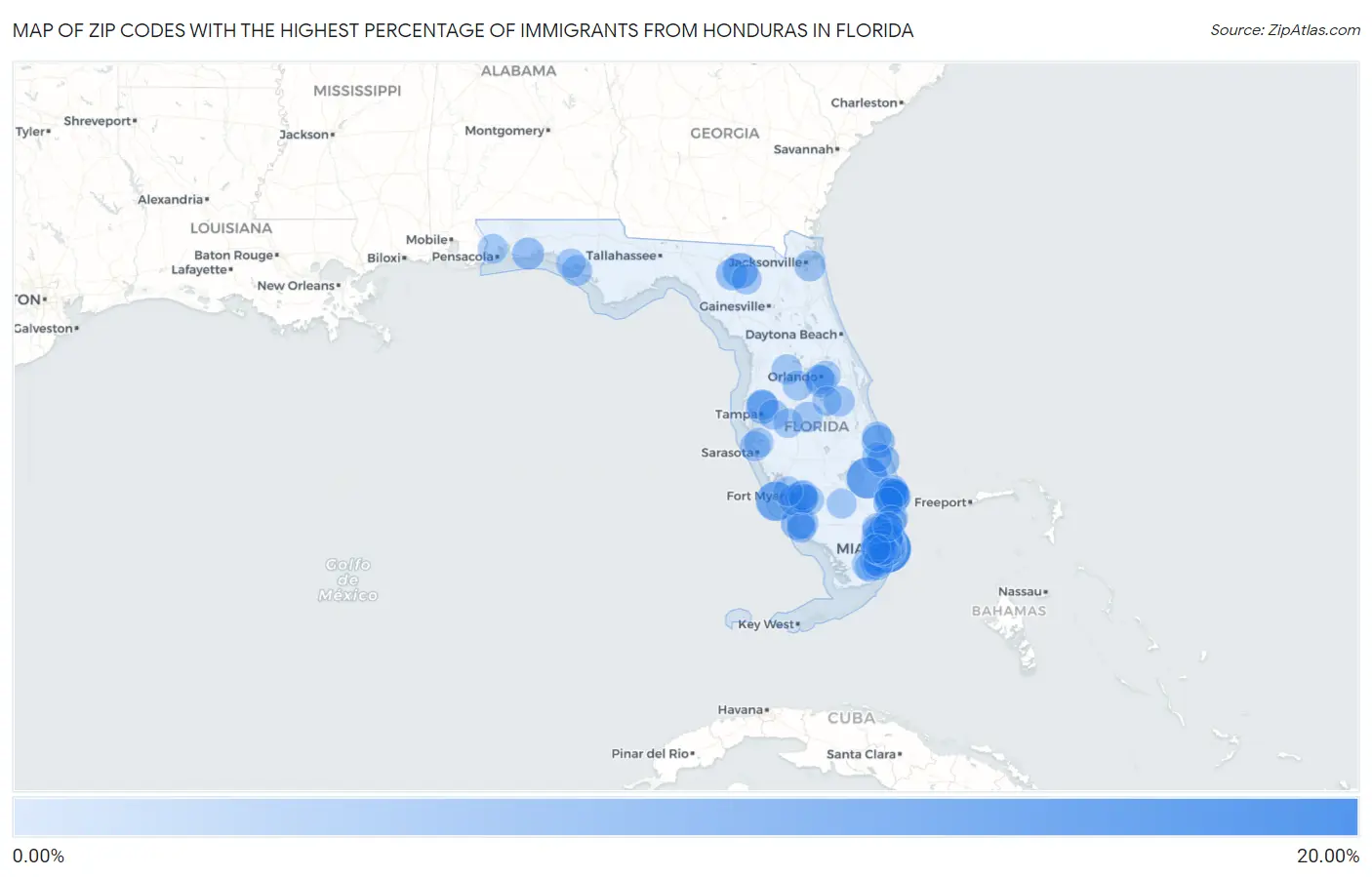 Zip Codes with the Highest Percentage of Immigrants from Honduras in Florida Map