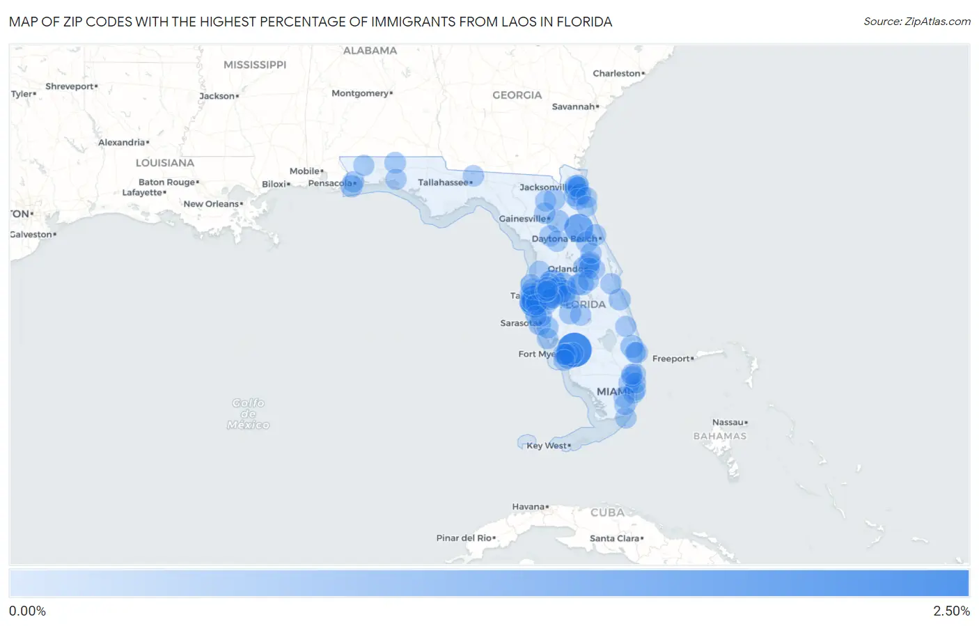 Zip Codes with the Highest Percentage of Immigrants from Laos in Florida Map