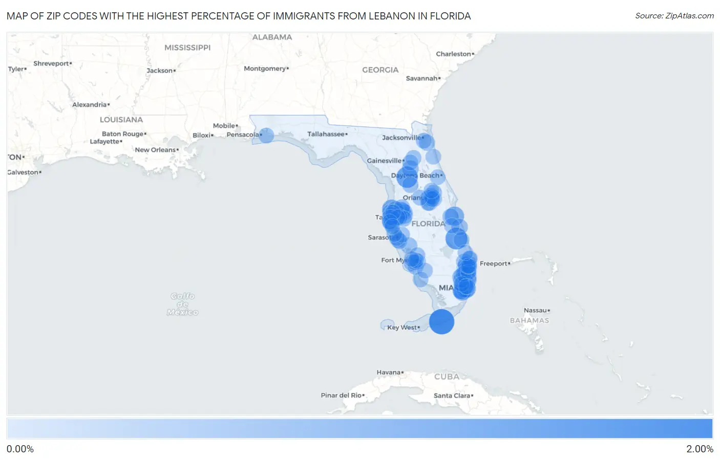 Zip Codes with the Highest Percentage of Immigrants from Lebanon in Florida Map