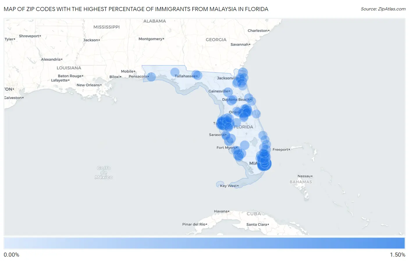 Zip Codes with the Highest Percentage of Immigrants from Malaysia in Florida Map