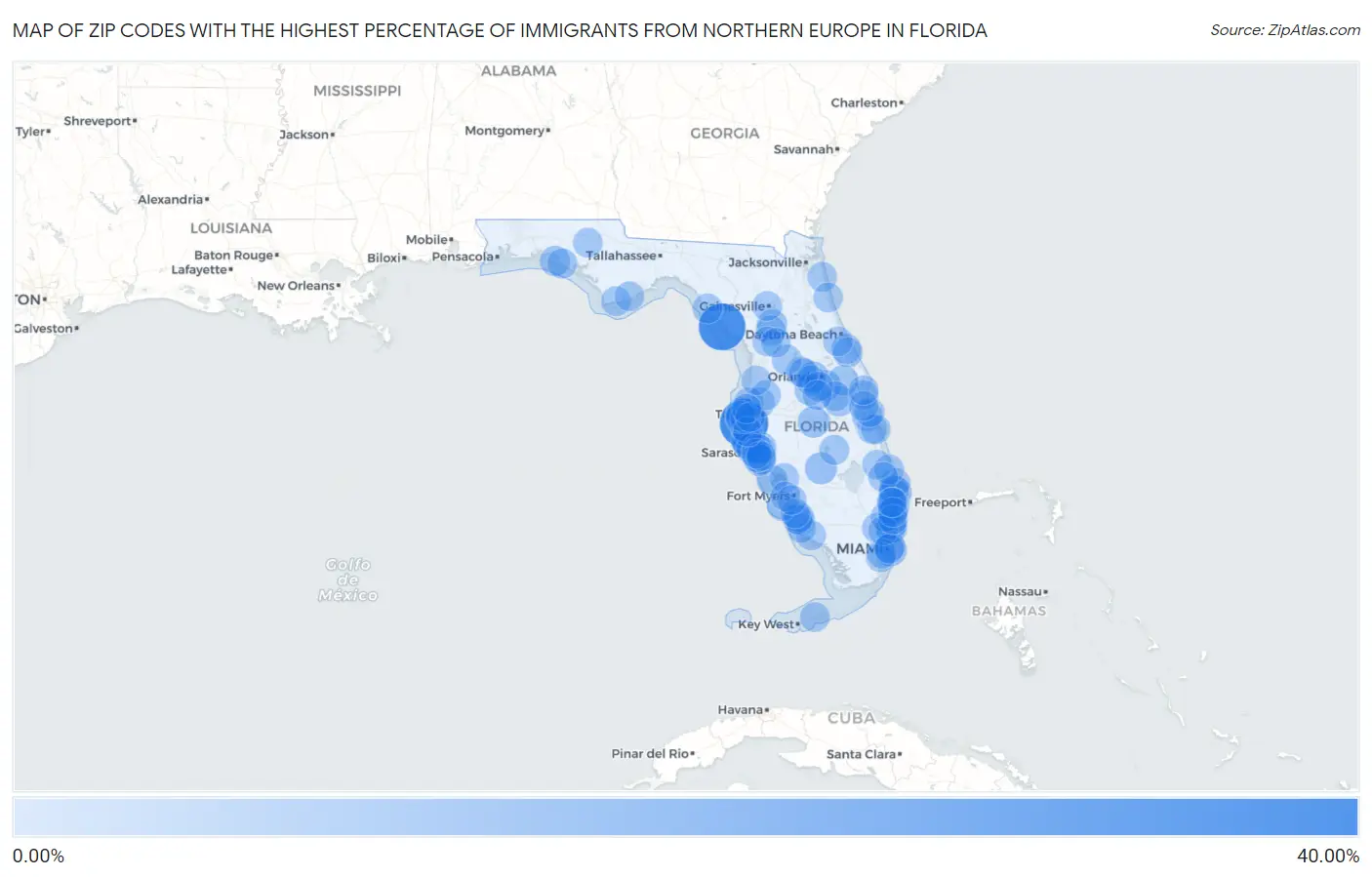 Zip Codes with the Highest Percentage of Immigrants from Northern Europe in Florida Map