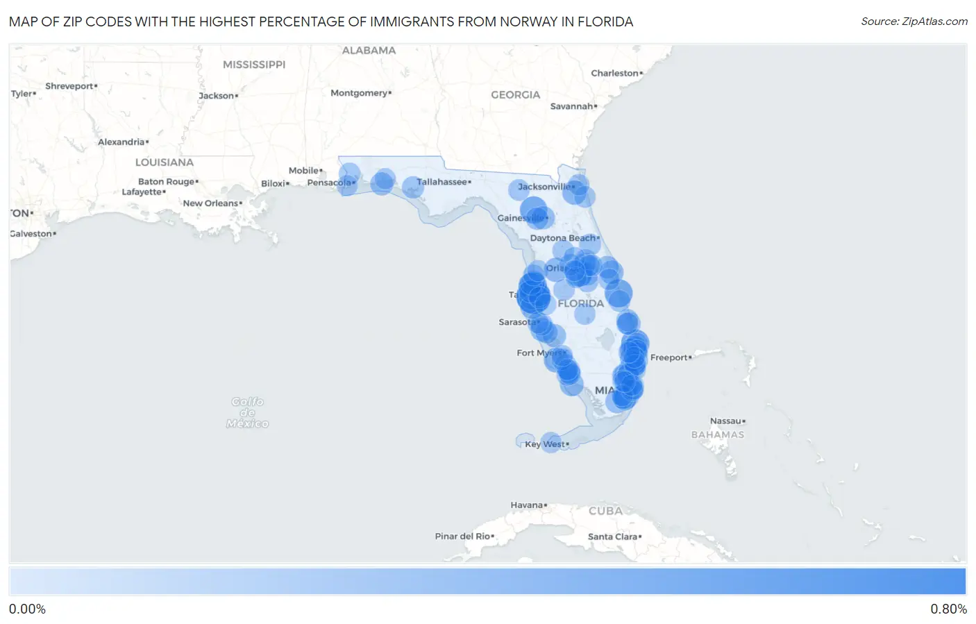 Zip Codes with the Highest Percentage of Immigrants from Norway in Florida Map