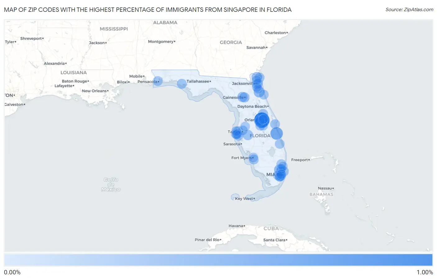 Zip Codes with the Highest Percentage of Immigrants from Singapore in Florida Map