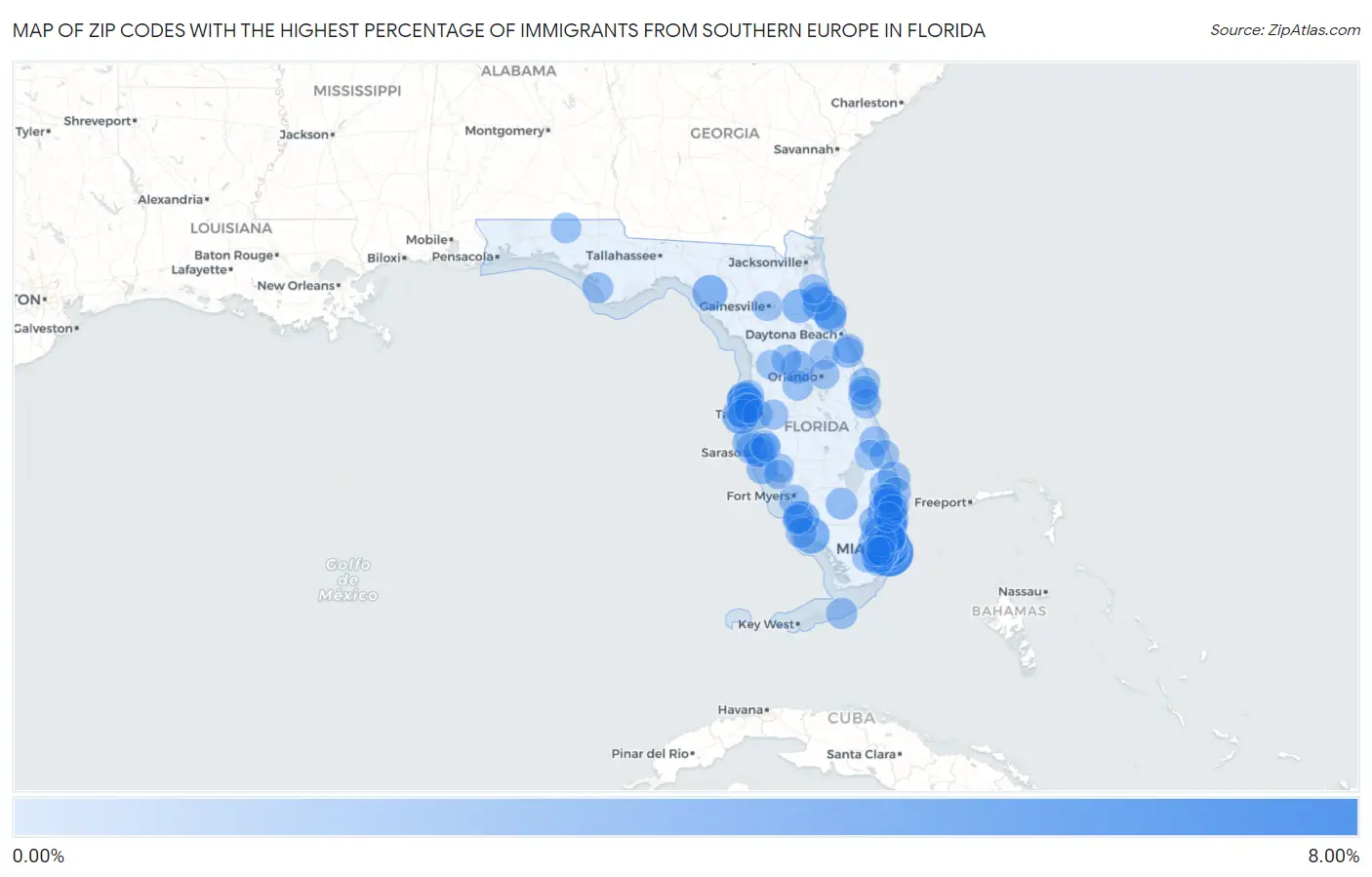 Zip Codes with the Highest Percentage of Immigrants from Southern Europe in Florida Map