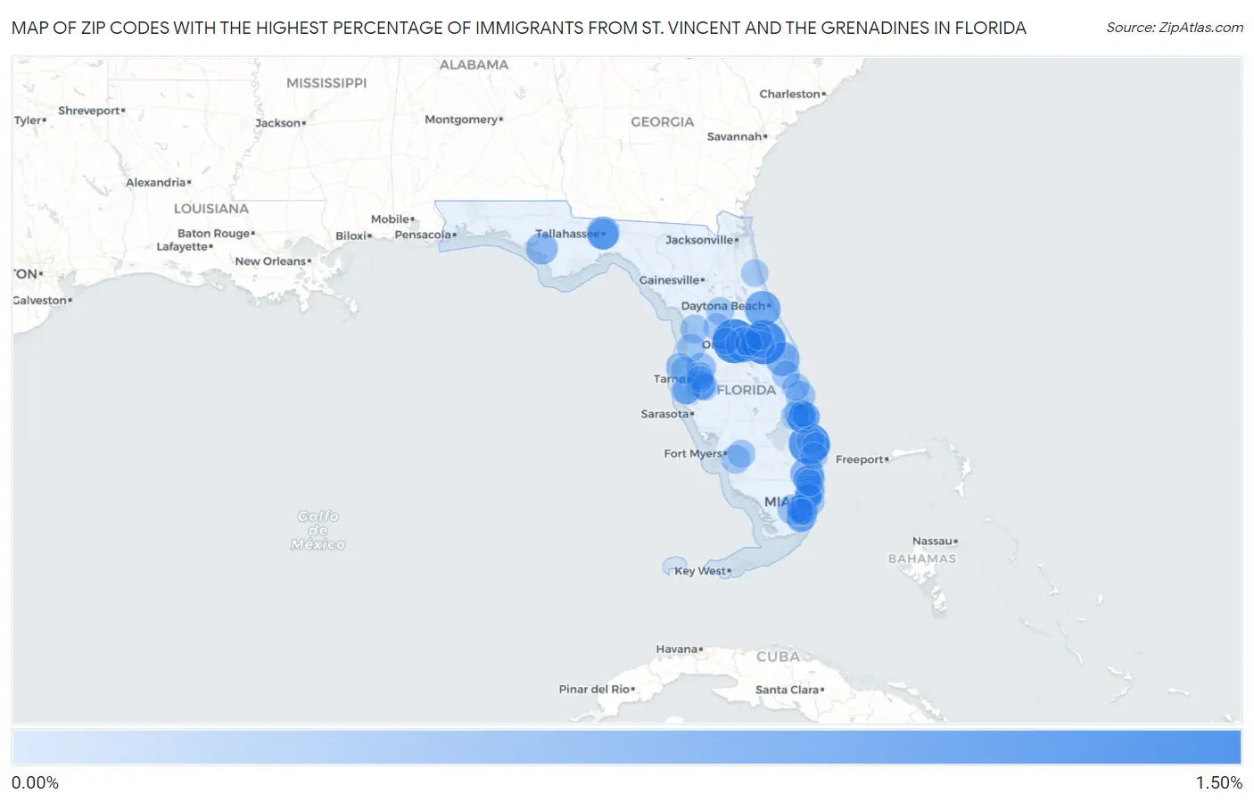 Zip Codes with the Highest Percentage of Immigrants from St. Vincent and the Grenadines in Florida Map