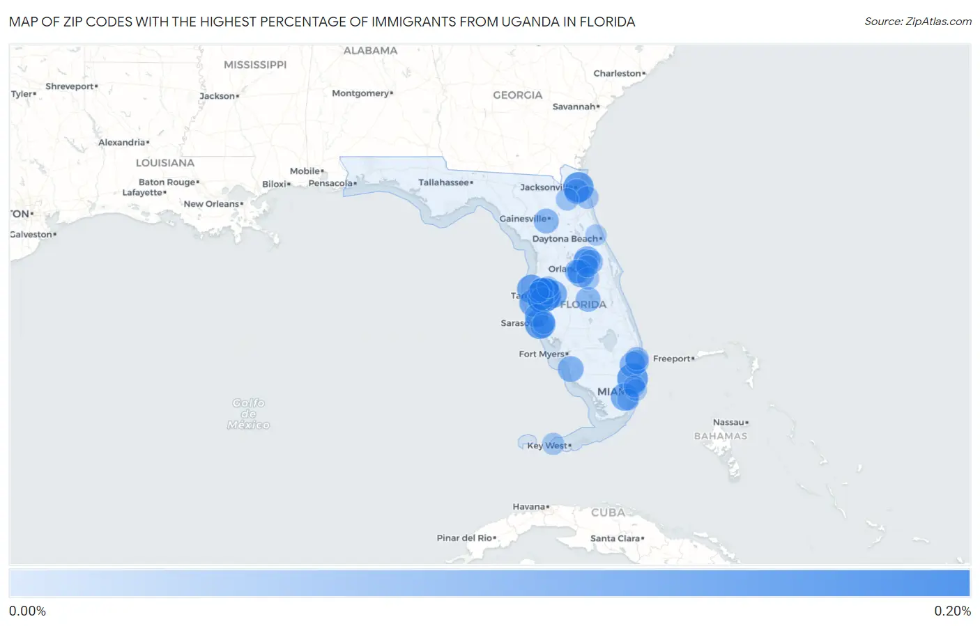 Zip Codes with the Highest Percentage of Immigrants from Uganda in Florida Map