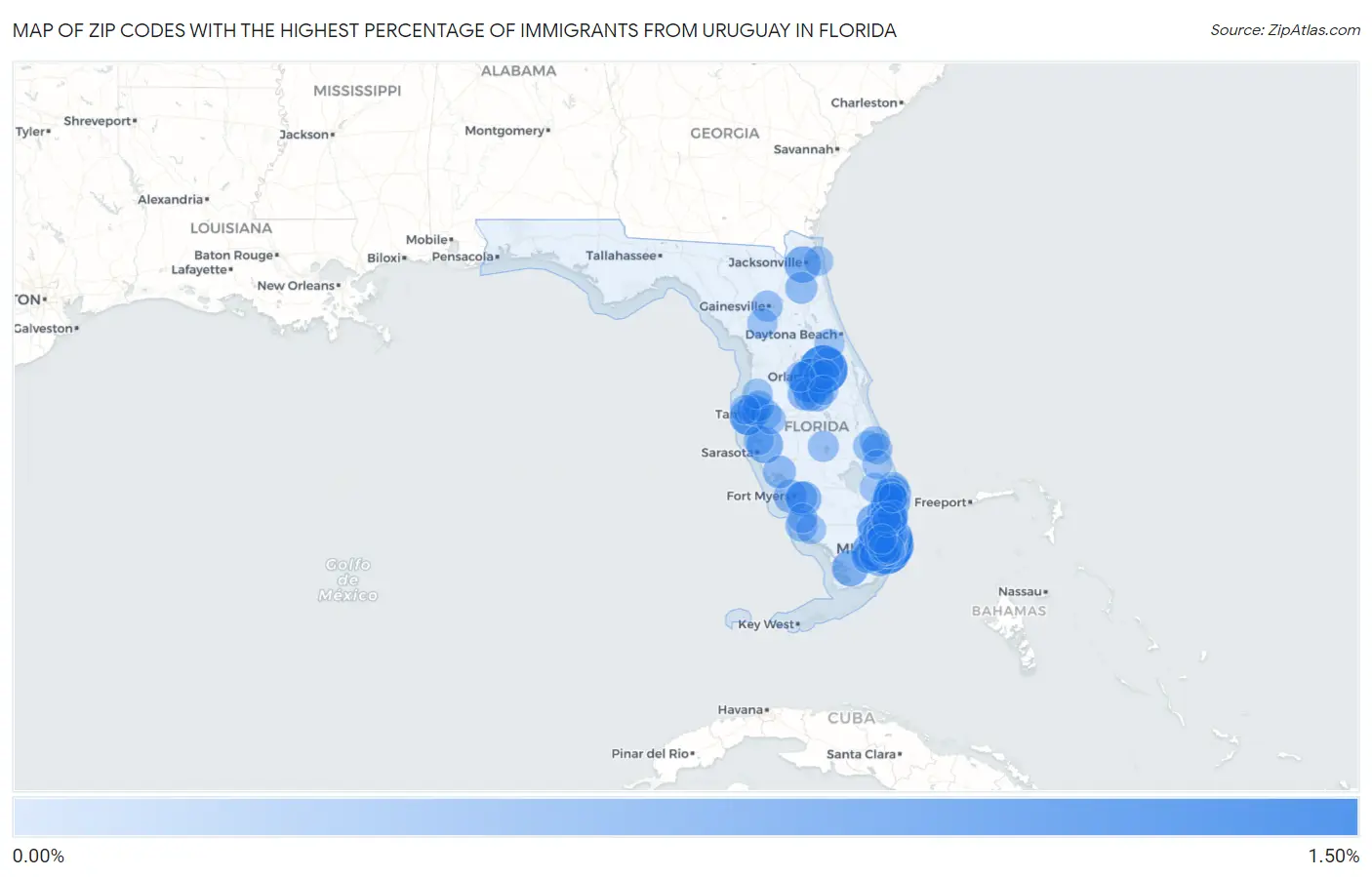 Zip Codes with the Highest Percentage of Immigrants from Uruguay in Florida Map