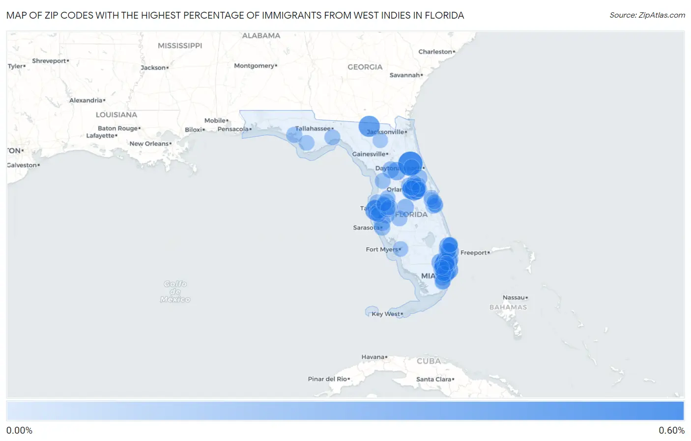 Zip Codes with the Highest Percentage of Immigrants from West Indies in Florida Map