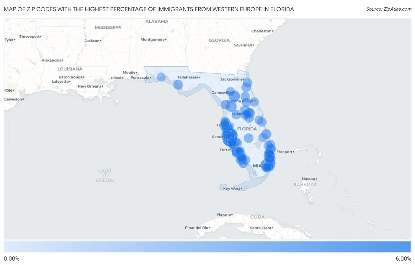 Zip Codes with the Highest Percentage of Immigrants from Western Europe in Florida Map