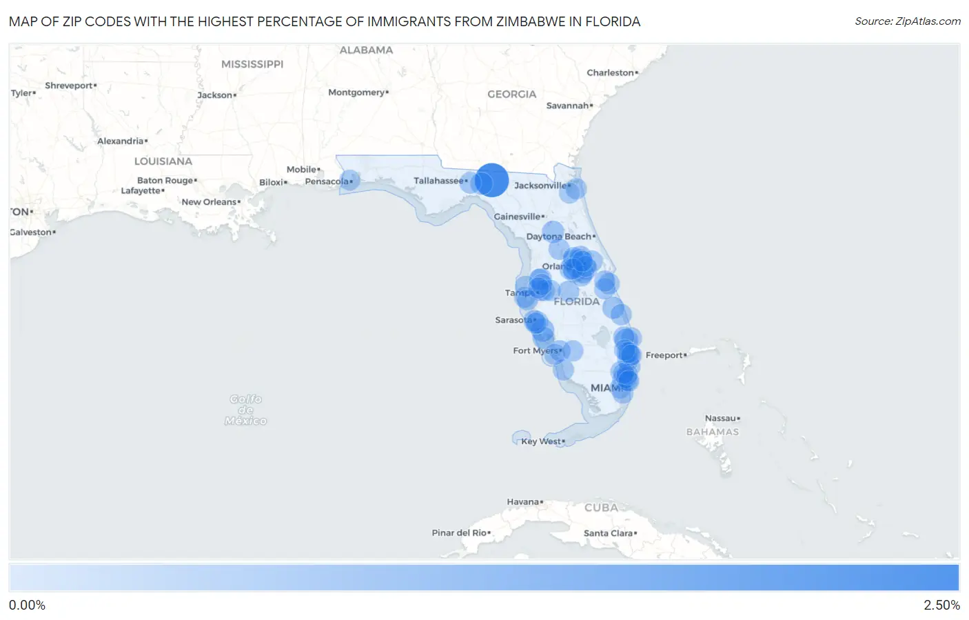 Zip Codes with the Highest Percentage of Immigrants from Zimbabwe in Florida Map